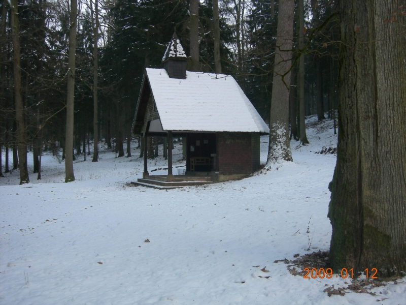 Kleine hölzerne Waldkapelle mit verschneitem Dach im Winter.